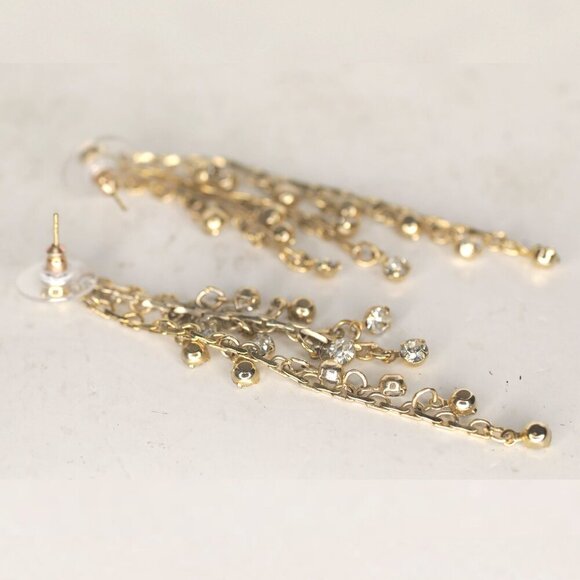 Chain Waterfall Gold Crystal Rhinestone Earrings Gold Metal Dangle Evening - Picture 7 of 7